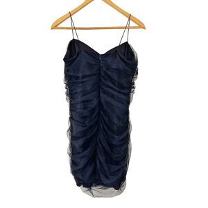 En Créme Vintage Black Ruched Sheer Mesh Spaghetti Strap Mini Dress